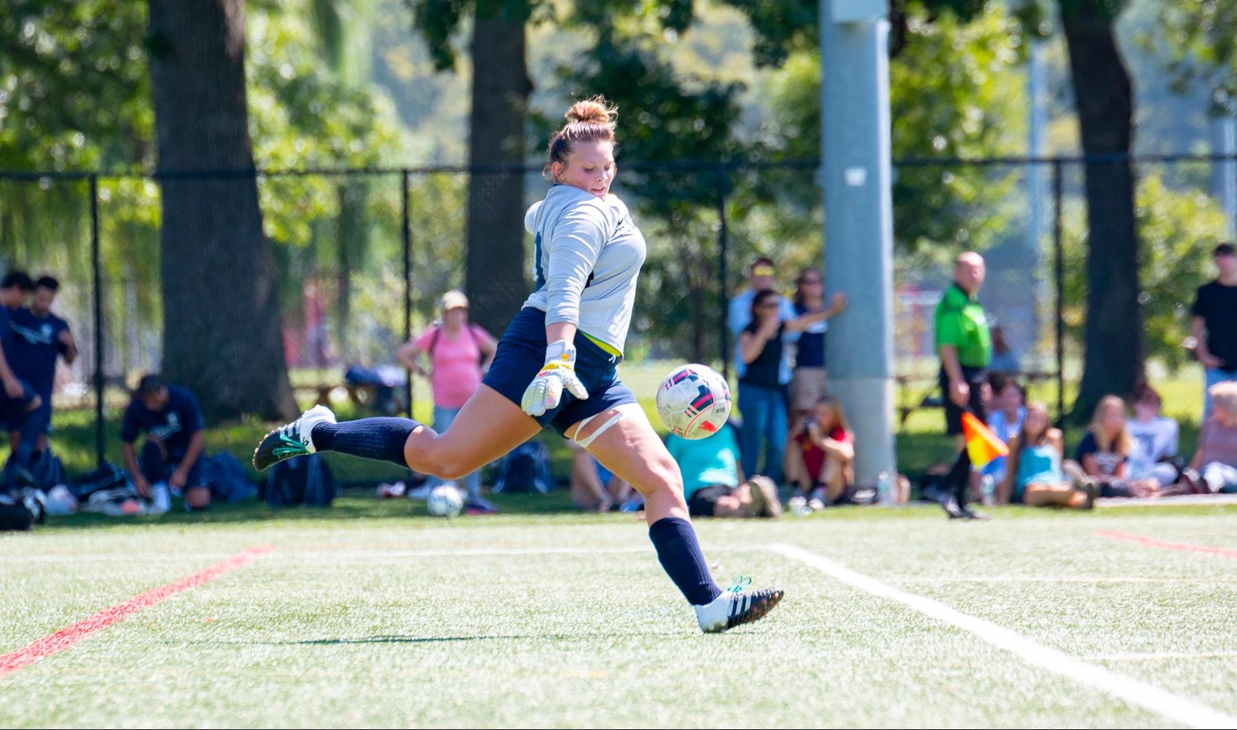 The King's College Women's Soccer goalkeeper Bailey Kaufman punts the ball downfield.
Photo courtesy of Brandon Hill.